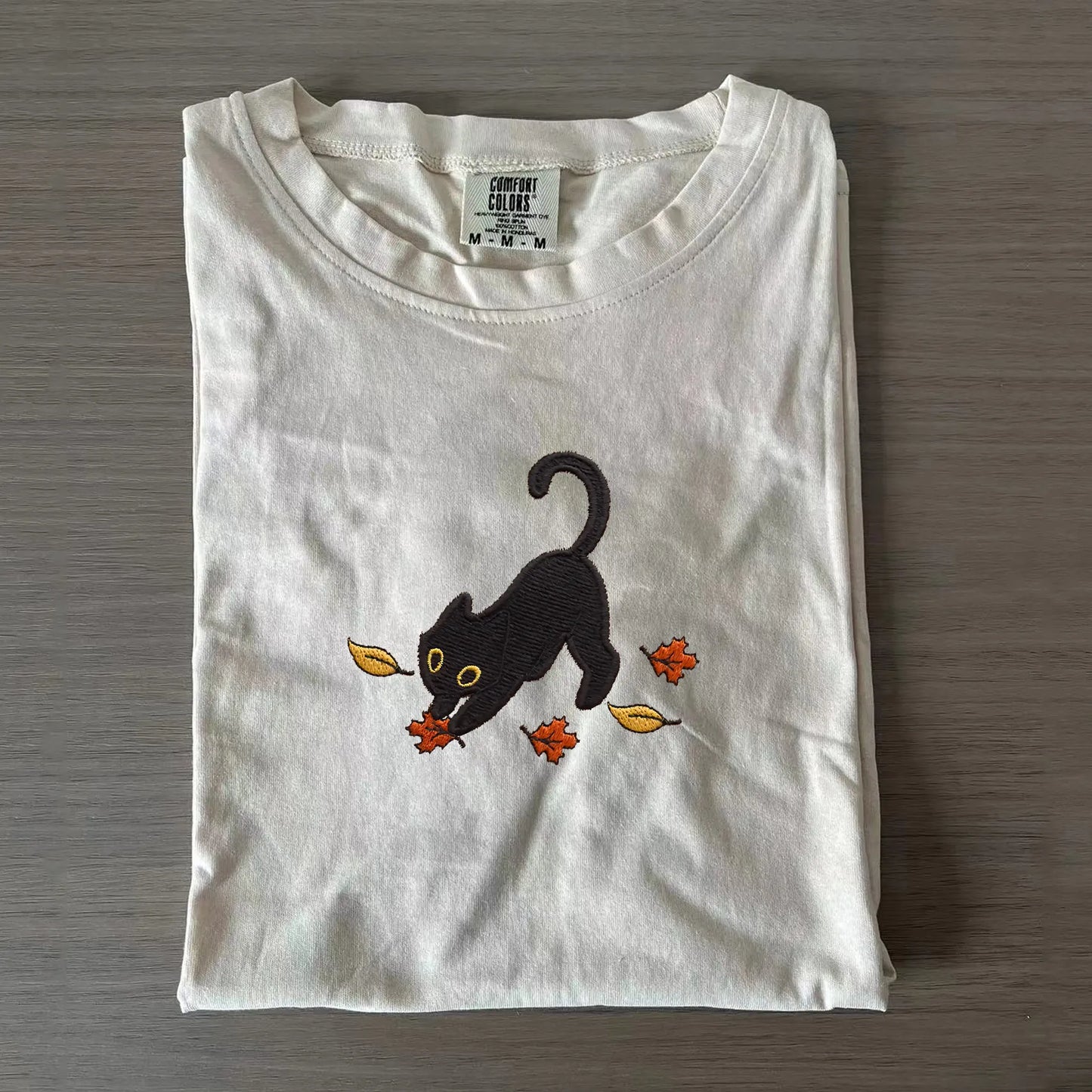 Cat Pouncing Leaves Embroidered T-shirt
